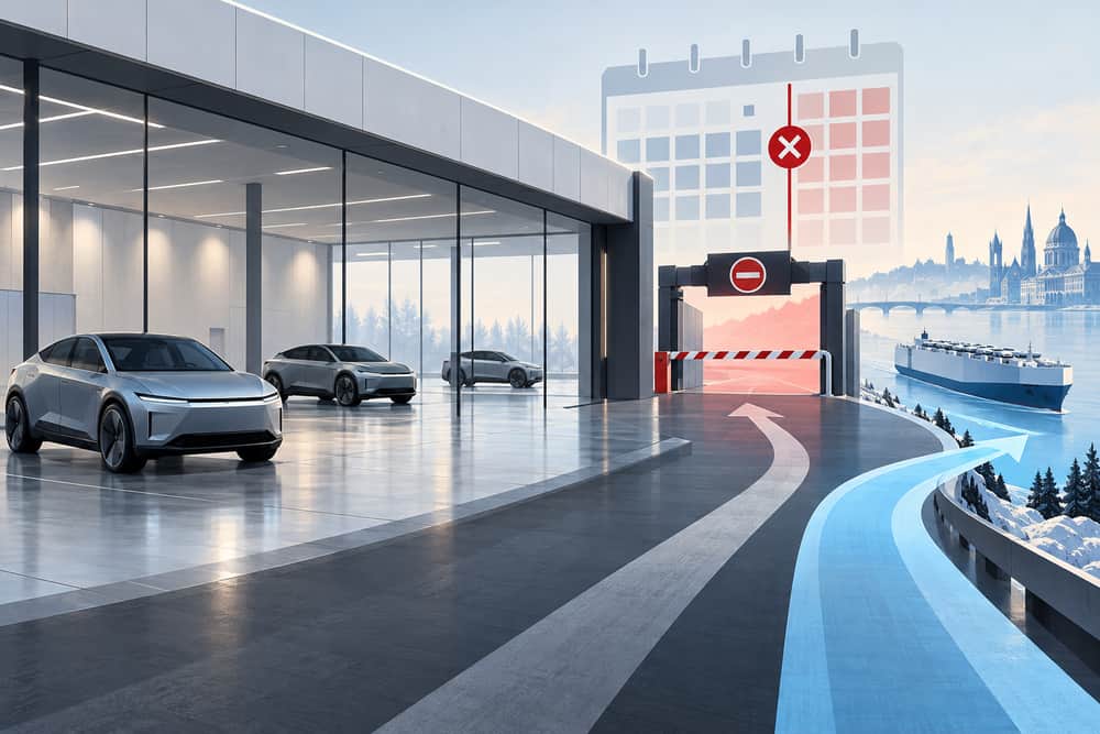 AI-generated illustration of a fictional electric-car delivery center with limited inventory, a calendar and a regulatory gate; it is not a photograph of Polestar vehicles or operations.