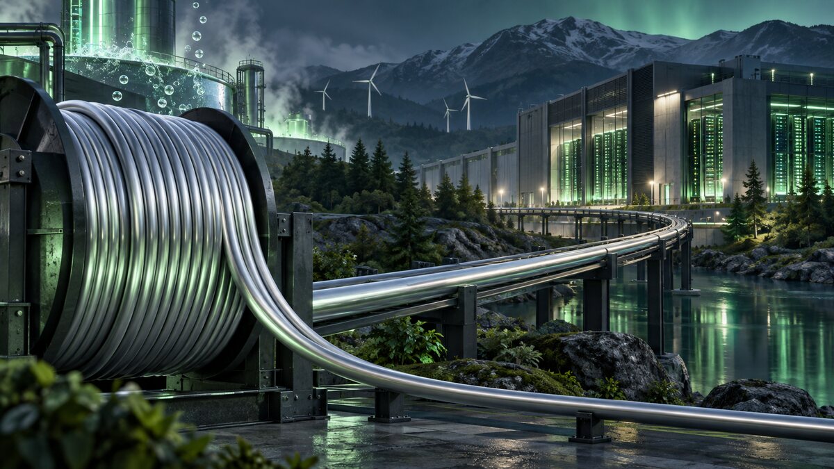 AI-generated illustration. A coil of aluminum power cable leading toward a modern data center with clean-energy imagery; not an Amazon site, Prysmian cable or ELYSIS plant.