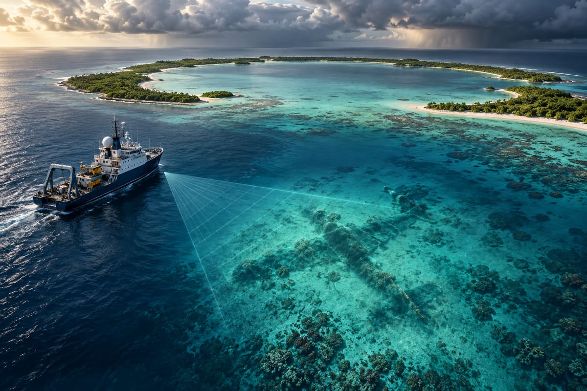 Conceptual illustration of a research vessel scanning an ambiguous aircraft-like shape in an atoll lagoon