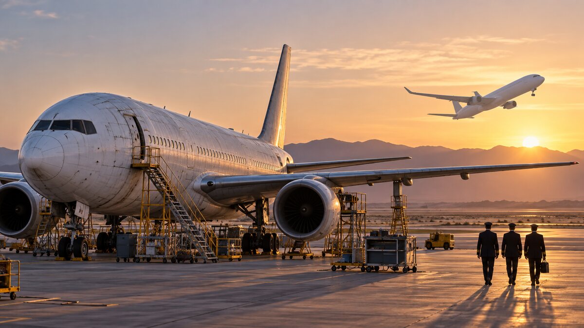 AI-generated illustration of an unbranded older widebody parked as a newer jet departs; it is not an actual Qatar Airways or RwandAir aircraft.