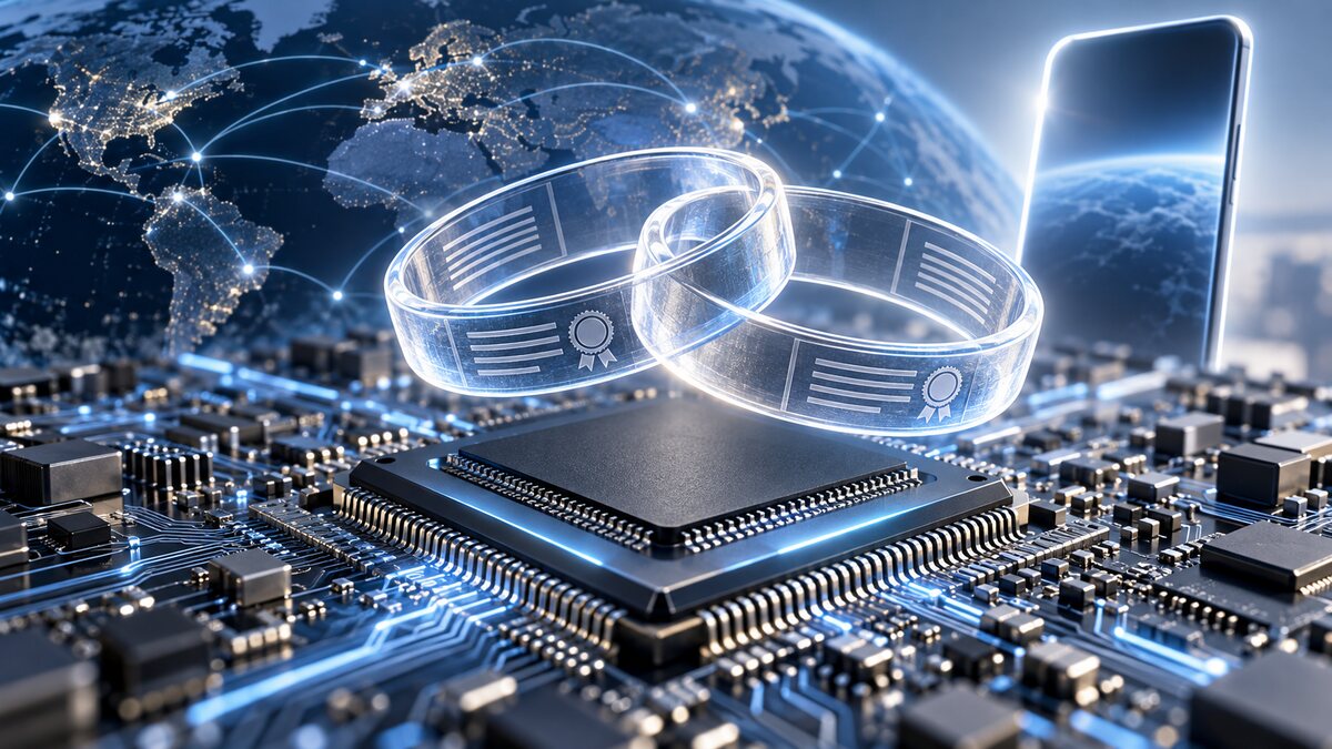 AI-generated illustration of an unbranded mobile chip with interlocking contract rings and a smartphone silhouette; it is not a product photograph.