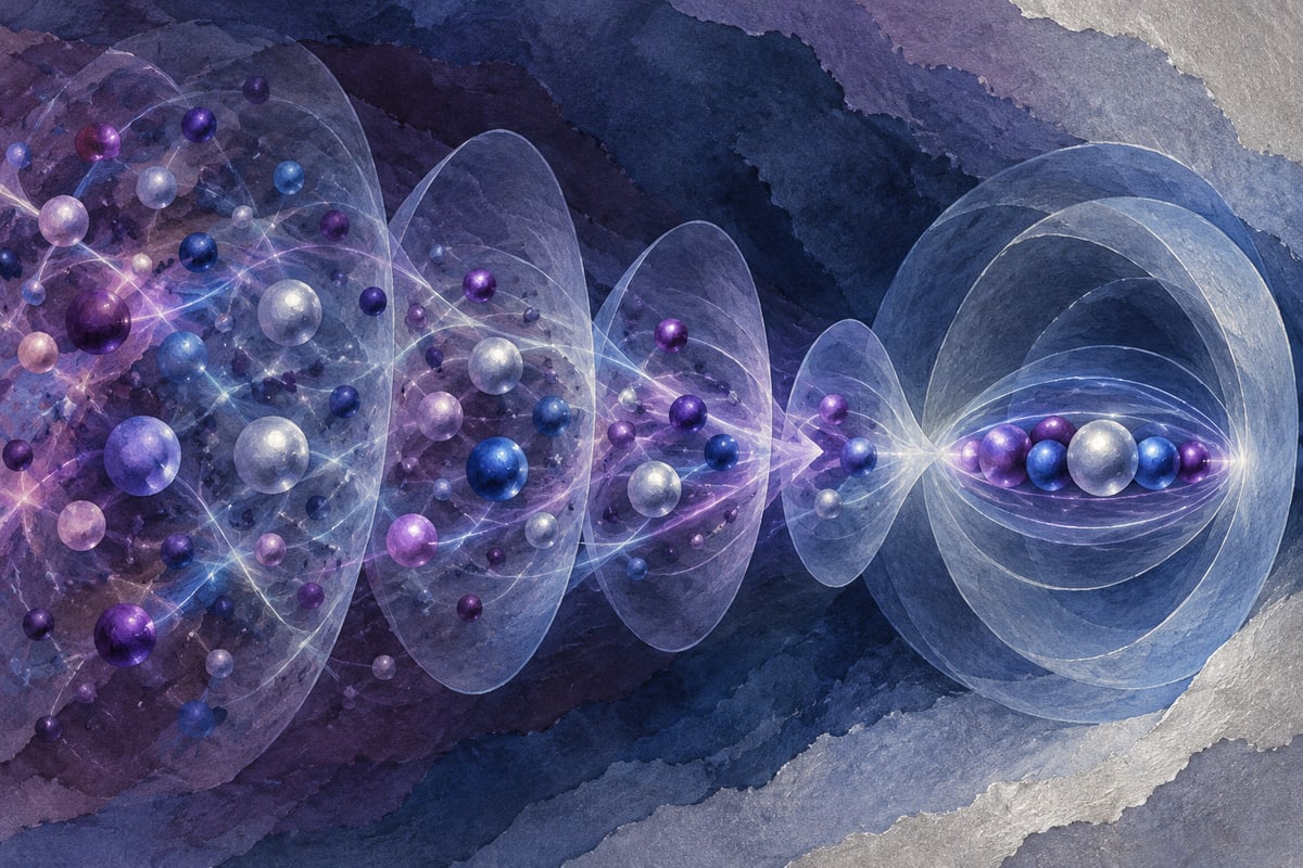 Abstract luminous quantum-state shapes arranged within layered feedback loops