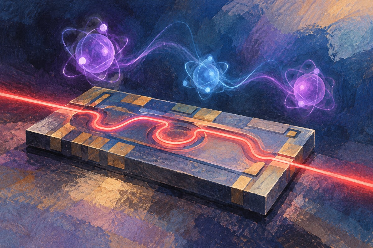 Conceptual photonic chip with a red light path and glowing atom-like spheres