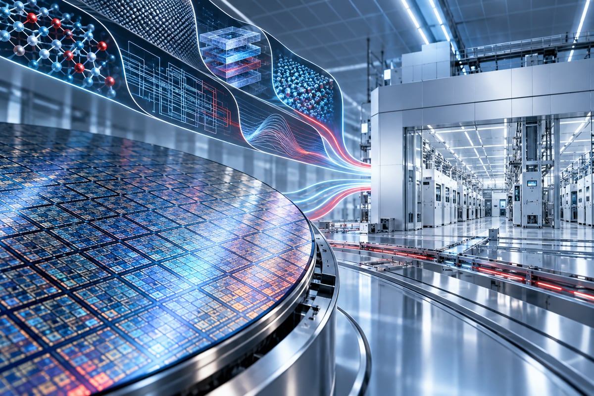 AI-generated illustration of a semiconductor wafer and advanced cleanroom; it is not a photograph of Rapidus or its production line.