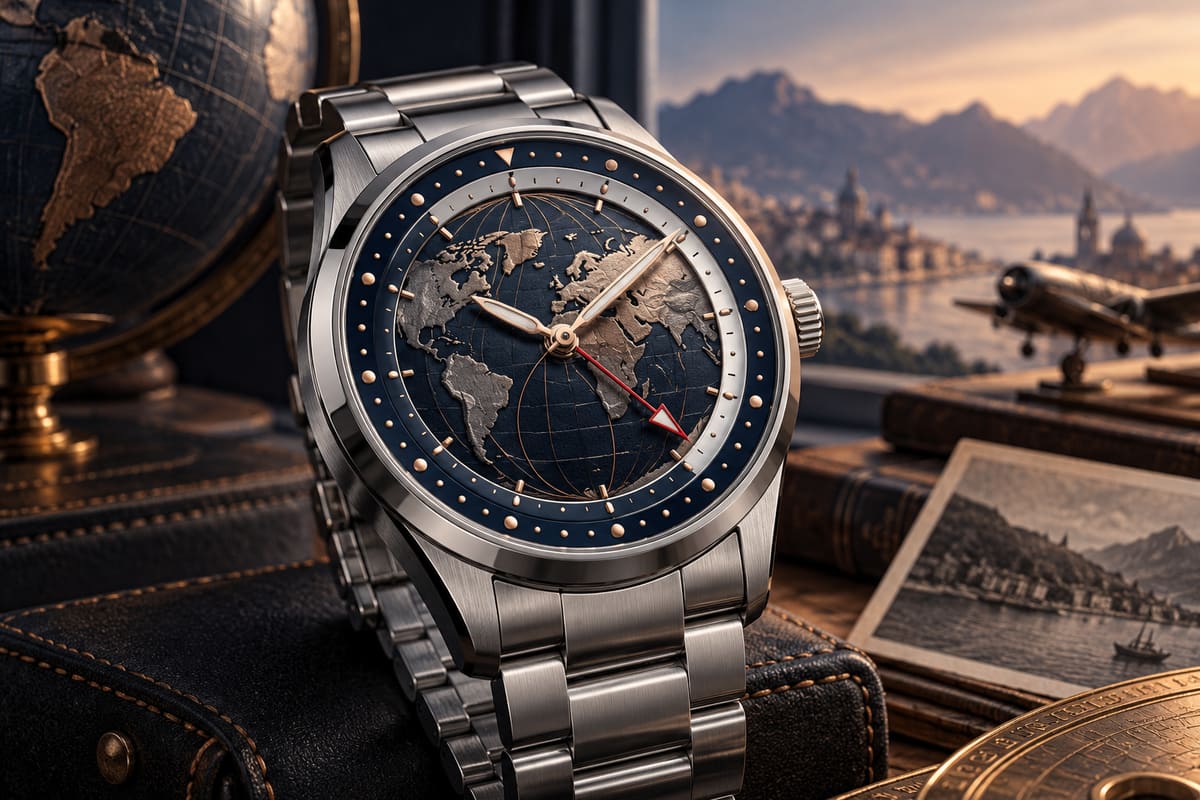 Conceptual illustration of an unbranded steel travel watch with a world-map dial and GMT hand