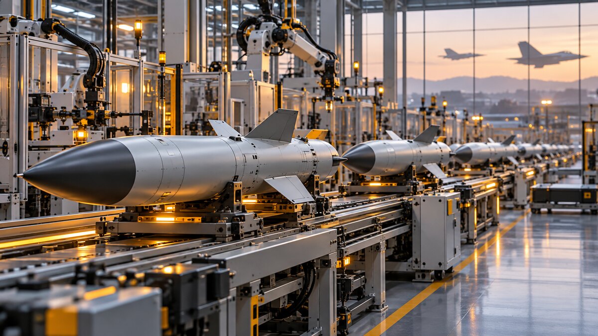 AI-generated illustration of generic missile bodies on an automated production line; it is not a photograph of Raytheon, AMRAAM production or a defense facility.