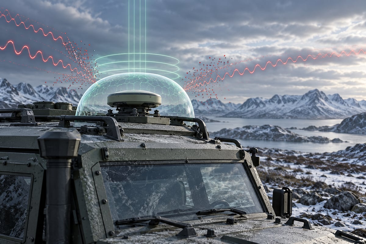 Original conceptual rugged vehicle protected by an abstract radio-frequency shield