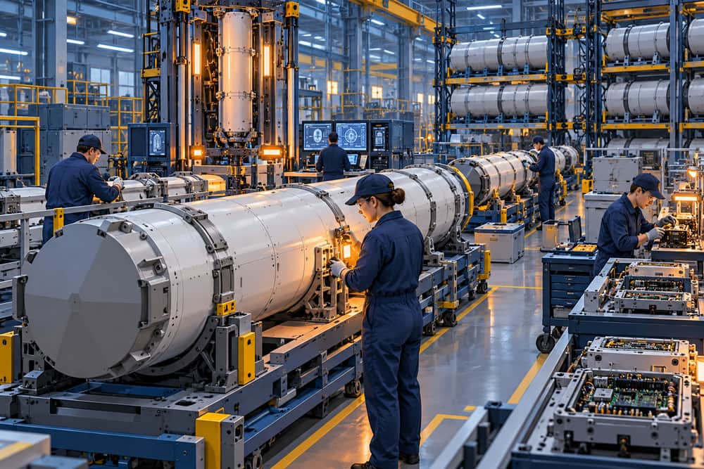 AI-generated illustration of a defensive-interceptor manufacturing and sustainment line with sealed canisters and inspection equipment; it is not a photograph of Raytheon facilities or weapons.