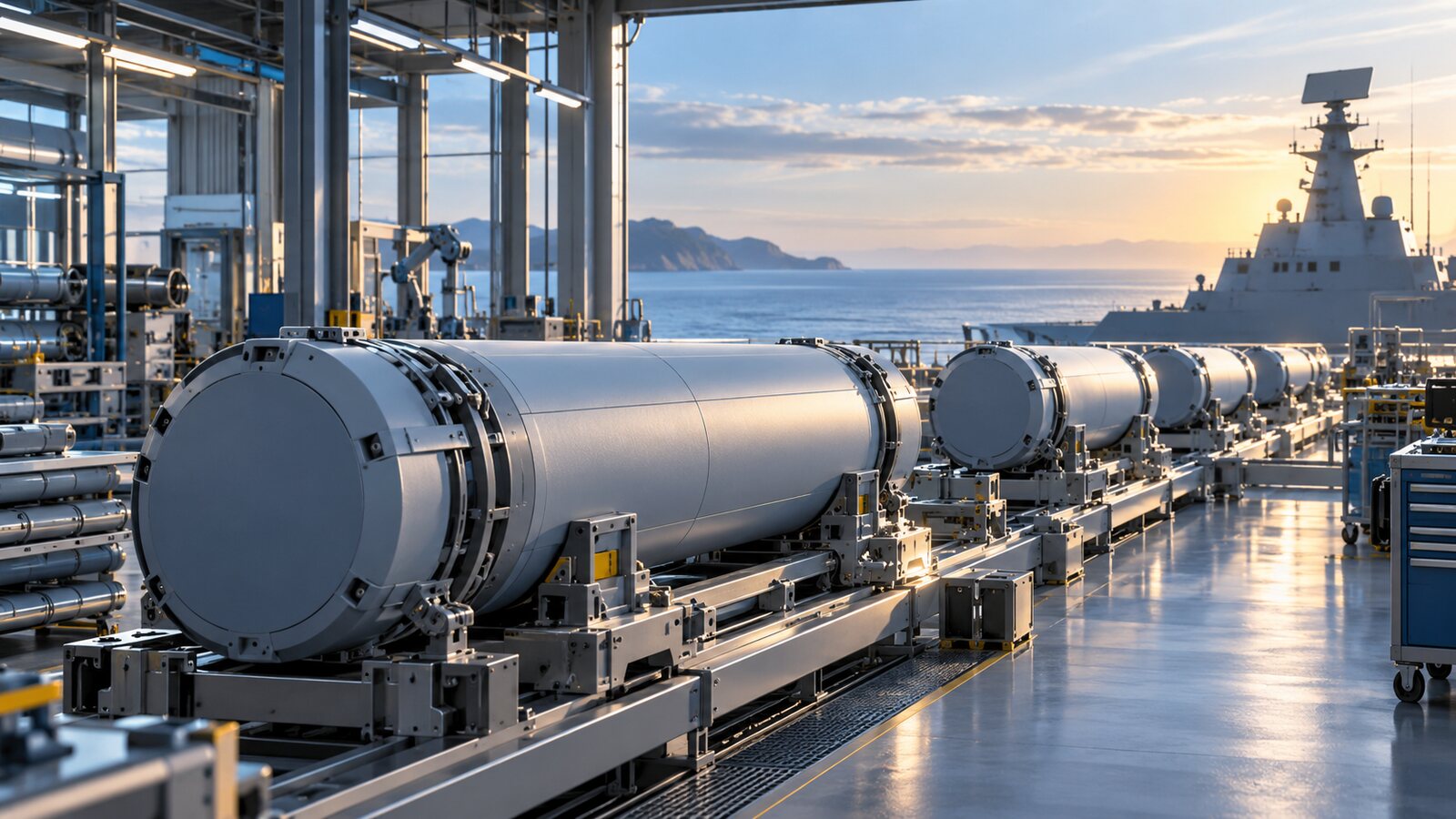 AI-generated illustration of sealed cylindrical canisters moving through a fictional naval defense manufacturing hall; it is not a photograph of the contract or an operational weapon.