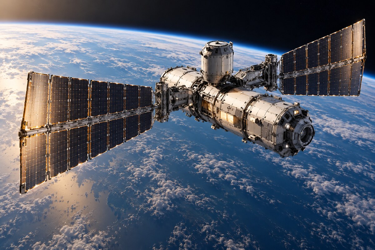 AI-generated illustration of a fictional commercial space station with roll-out solar arrays; it is not an official image of Axiom Station or Redwire hardware.