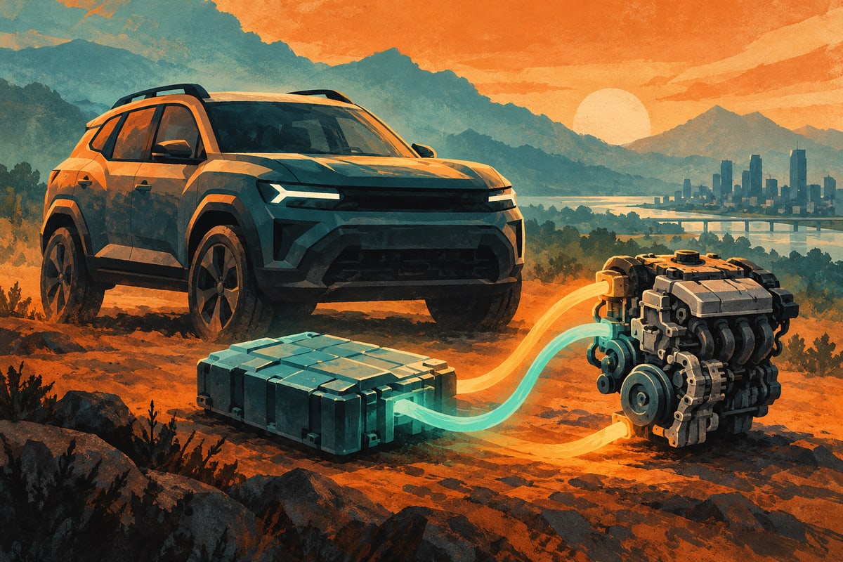 Stylized SUV beside separate abstract battery and engine shapes