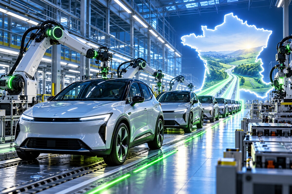 AI-generated illustration of fictional unbranded electric cars moving through a modern French-style assembly hall; it is not a photograph of a Renault factory or model.