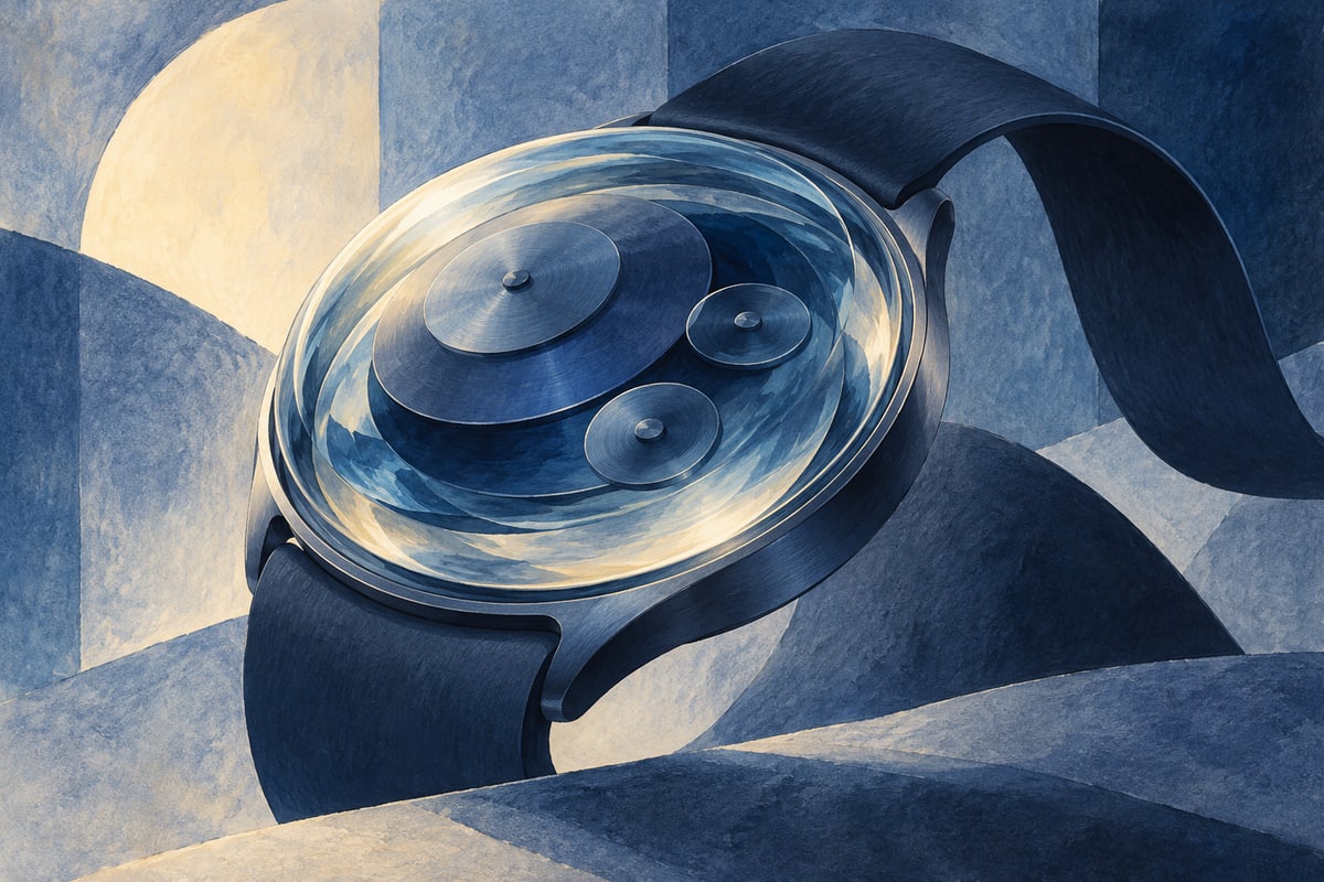 Abstract deep-blue watch discs under a translucent dome with a curved rubber ribbon