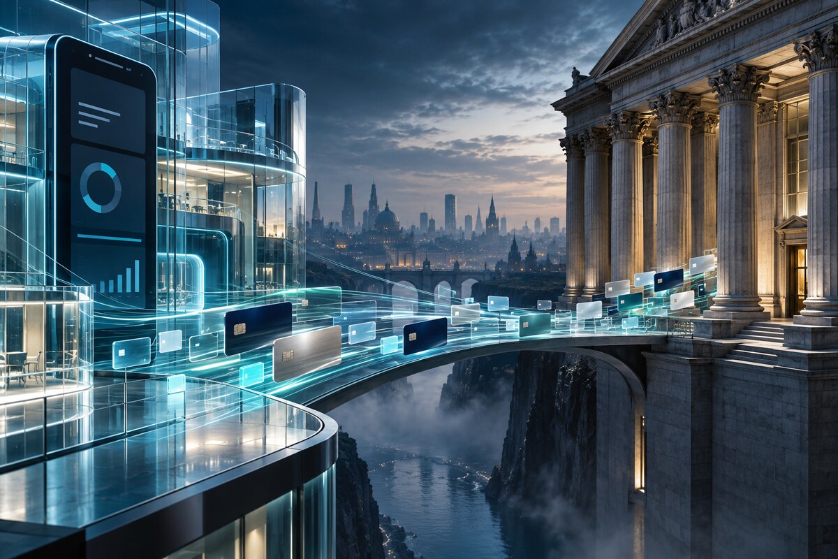 AI-generated illustration of a glass mobile-banking tower facing traditional stone bank columns; it is not a photograph of Revolut or a real bank.