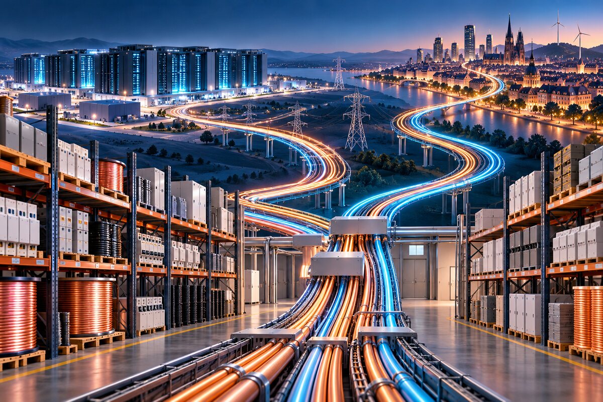 Original conceptual electrical-distribution warehouse connecting a data center and electrified city