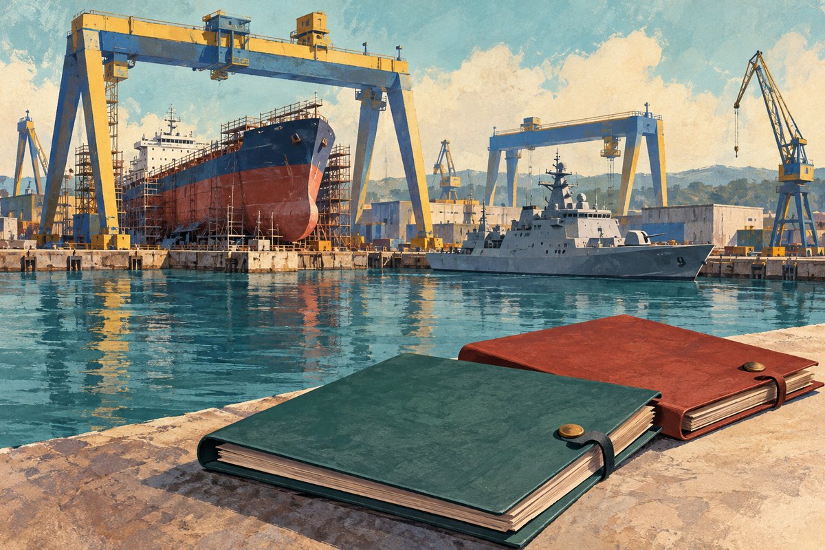 Illustrated shipyard with civil and patrol-vessel forms beside two blank folders
