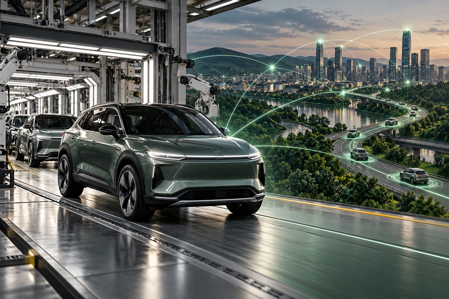 Original conceptual electric SUV leaving a modern assembly line toward a connected city
