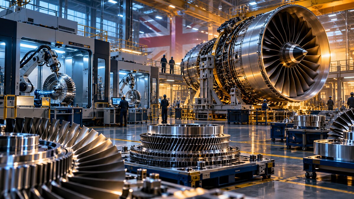 AI-generated illustration of a large aircraft turbine in a robotic precision-manufacturing plant; it is not a photograph of Rolls-Royce or a UK factory.
