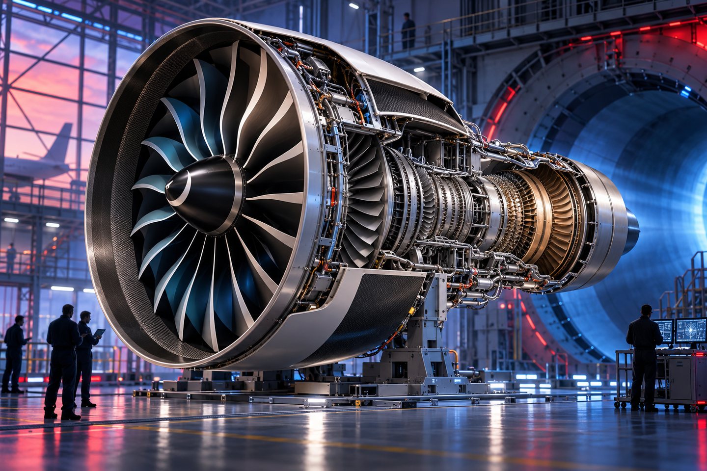 Original conceptual illustration of a next-generation high-bypass turbofan in an aerospace test hall