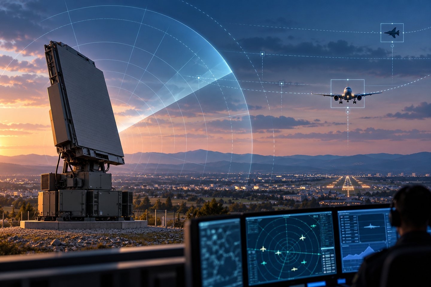 Original conceptual illustration of a ground radar monitoring civil and military airspace near an airport