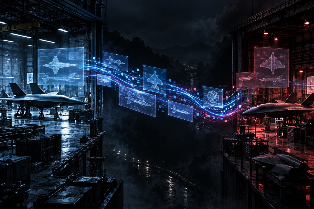 AI-generated conceptual illustration of two fictional aerospace workshops linked by a guarded data path; it is not evidence of a Russia-North Korea technology transfer.
