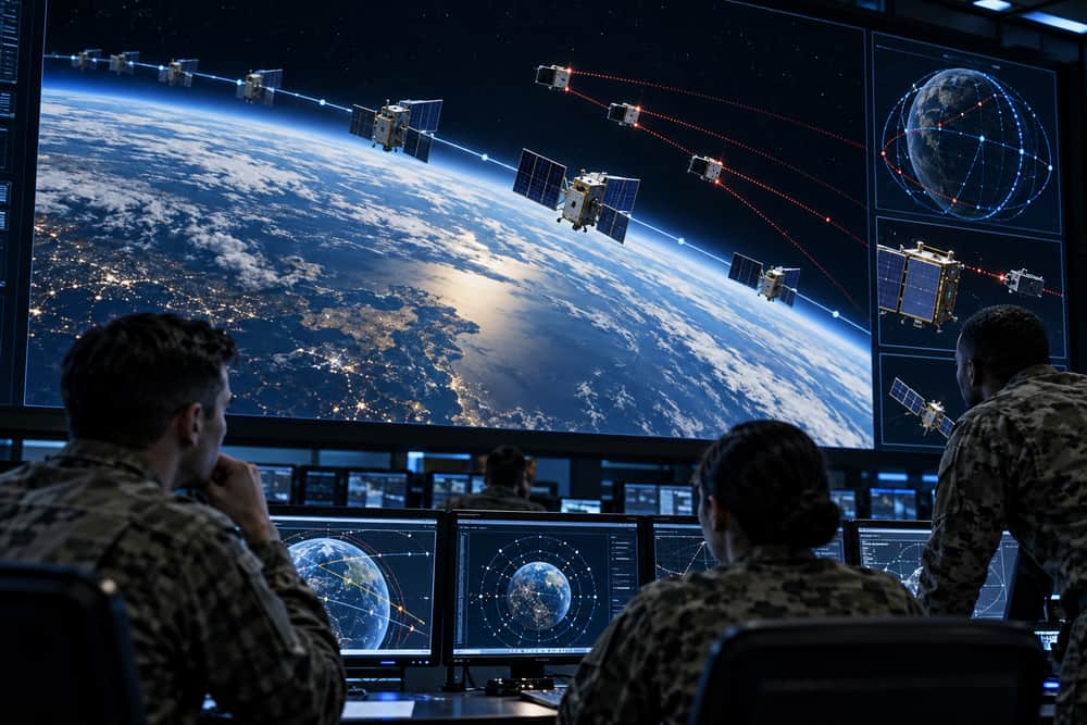 AI-generated illustration of military space operators monitoring several small satellites near a commercial Earth-observation constellation; it does not depict the reported event.