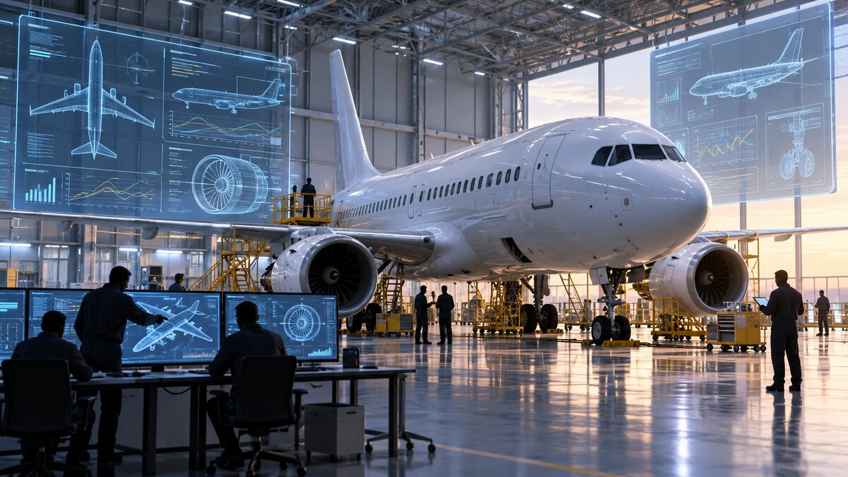 AI-generated illustration of a generic narrow-body aircraft undergoing software review in a certification hangar; it is not a photograph of Ryanair or Boeing testing.