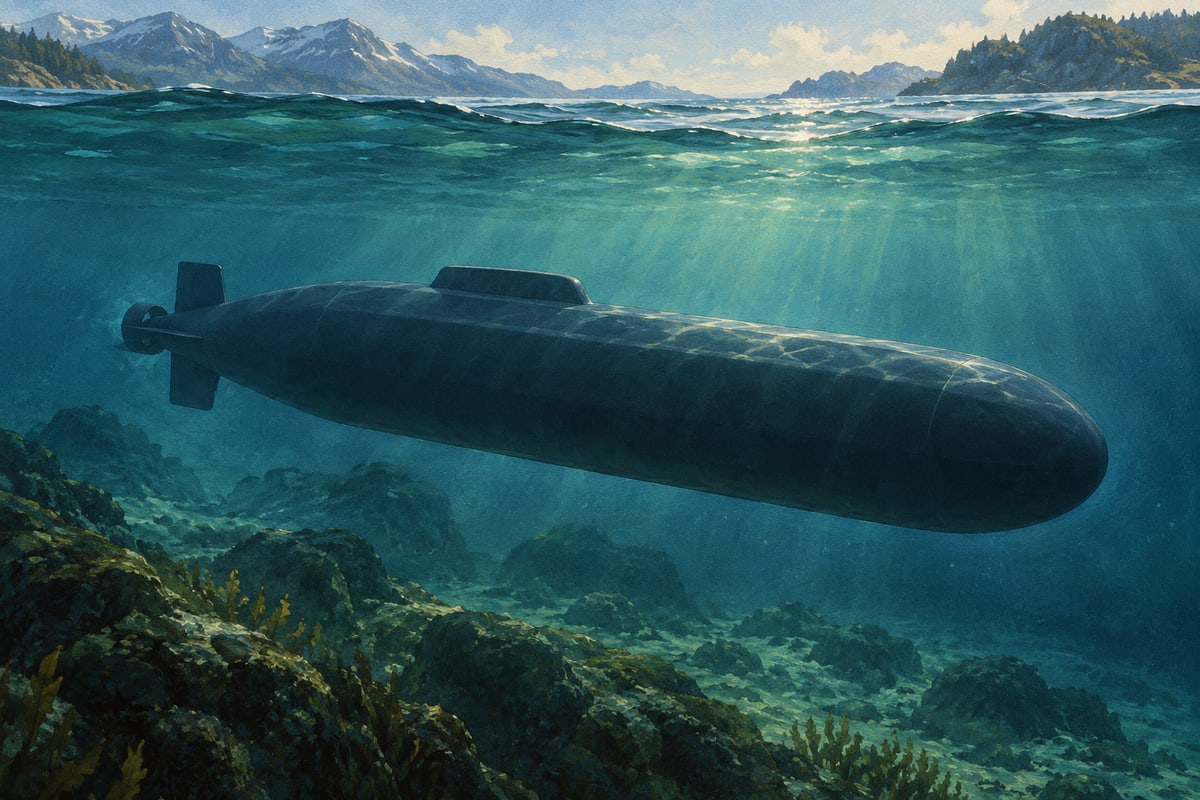 Painted uncrewed underwater vehicle silhouette beneath blue-green water