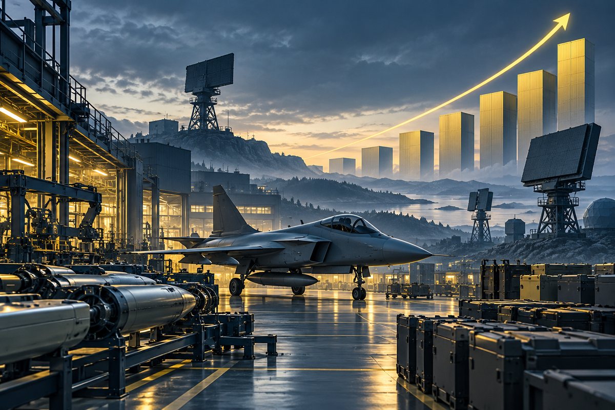 Original conceptual defence-industry production scene with aircraft and radar silhouettes