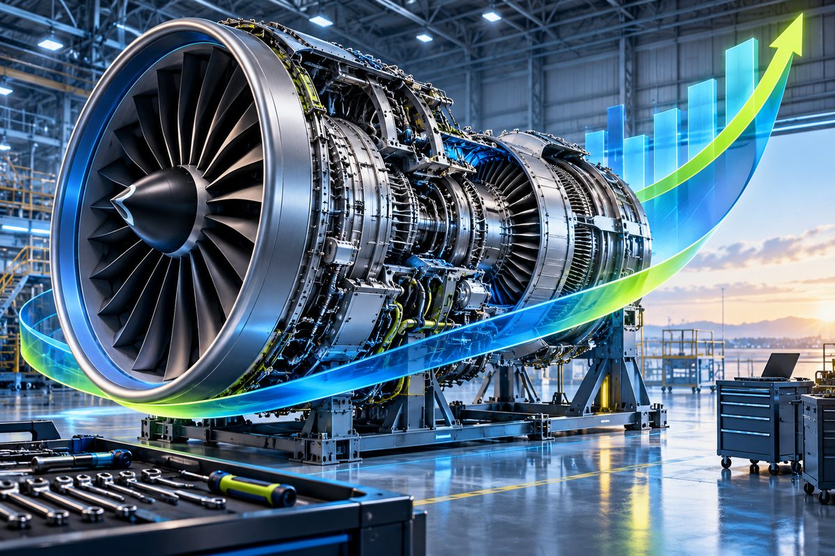 Original conceptual turbofan engine in a hangar with an ascending revenue arc