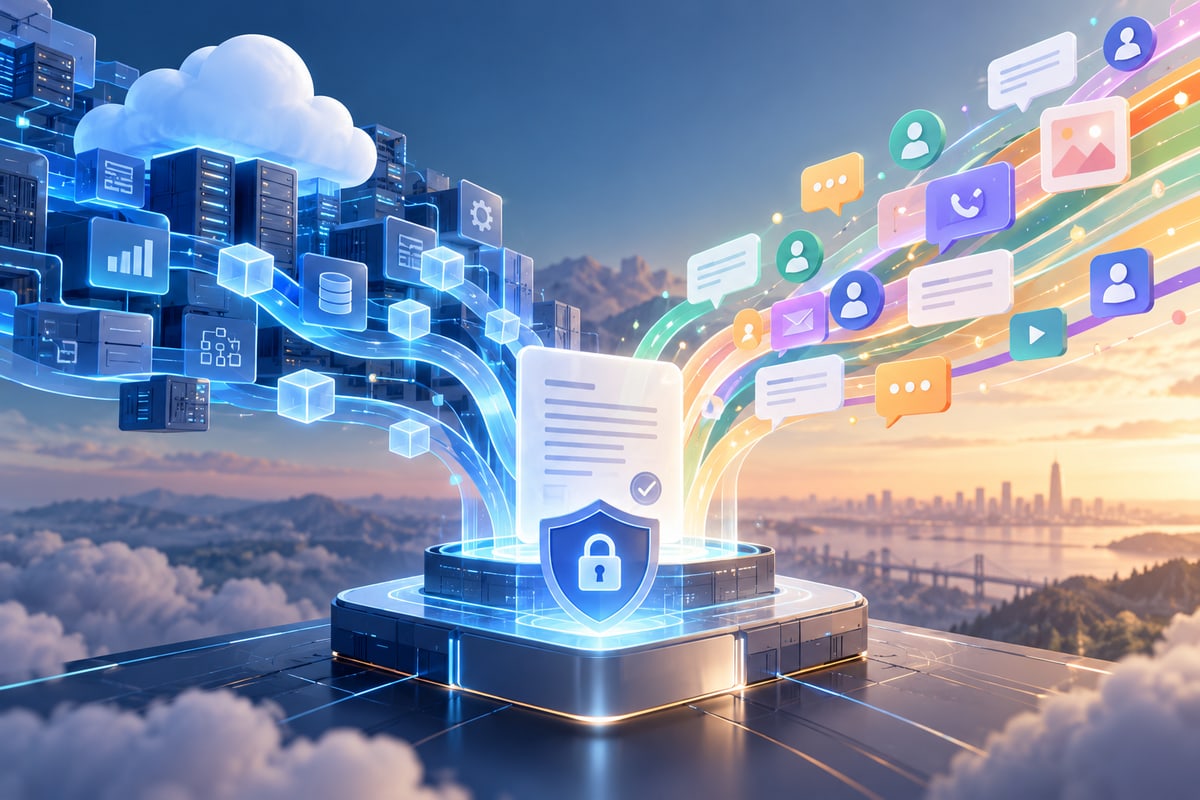 Conceptual cloud software and customer-message streams converging securely