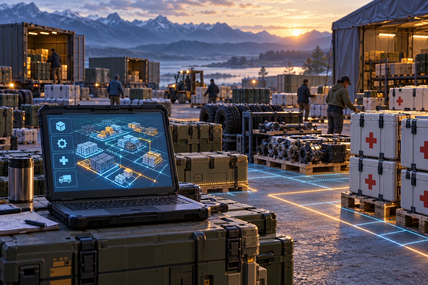 Original conceptual field logistics depot organized by an offline artificial-intelligence planning grid