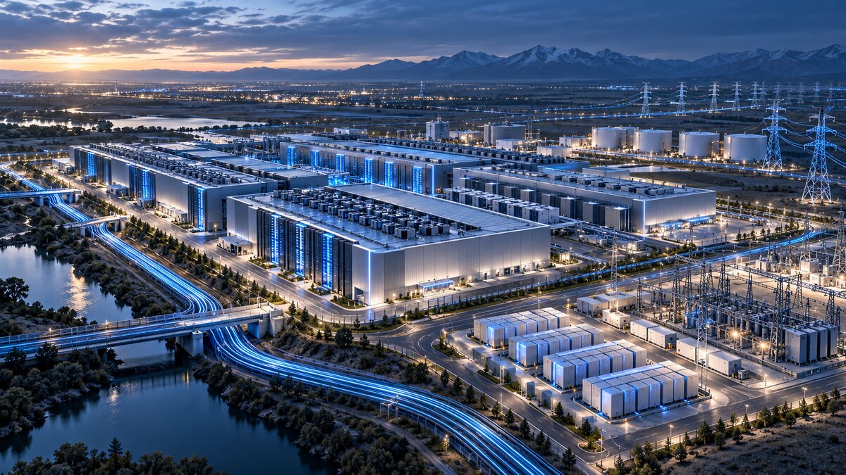 AI-generated illustration of a large data-center campus connected to power storage and transmission infrastructure; it is not a photograph of the Samsung or Helix project.
