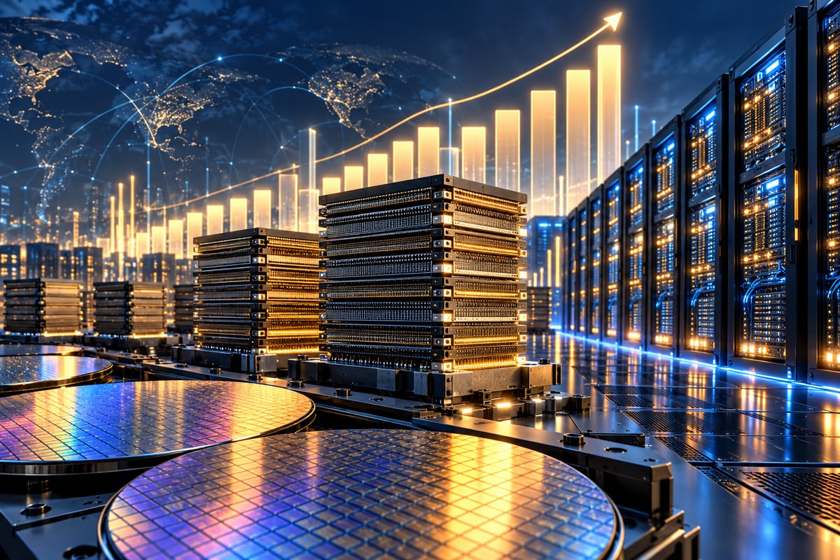 AI-generated illustration of memory stacks, wafers and AI data-center racks with rising financial bars; it is not a photograph of Samsung facilities or products.