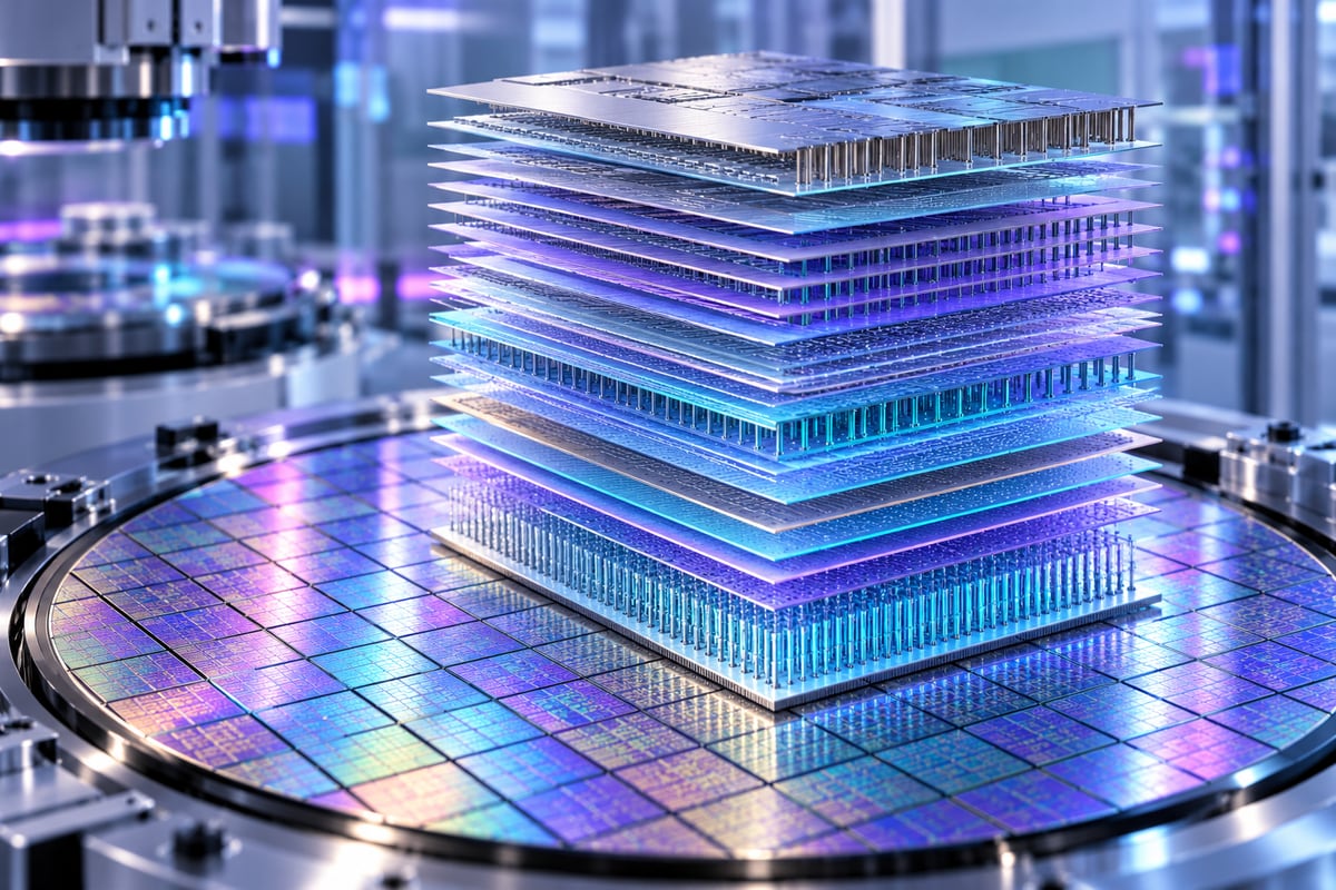 Original conceptual stack of multilayer memory dies above a semiconductor wafer