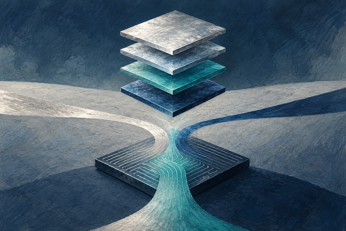 Abstract silicon tiles stacked above a separate patterned base