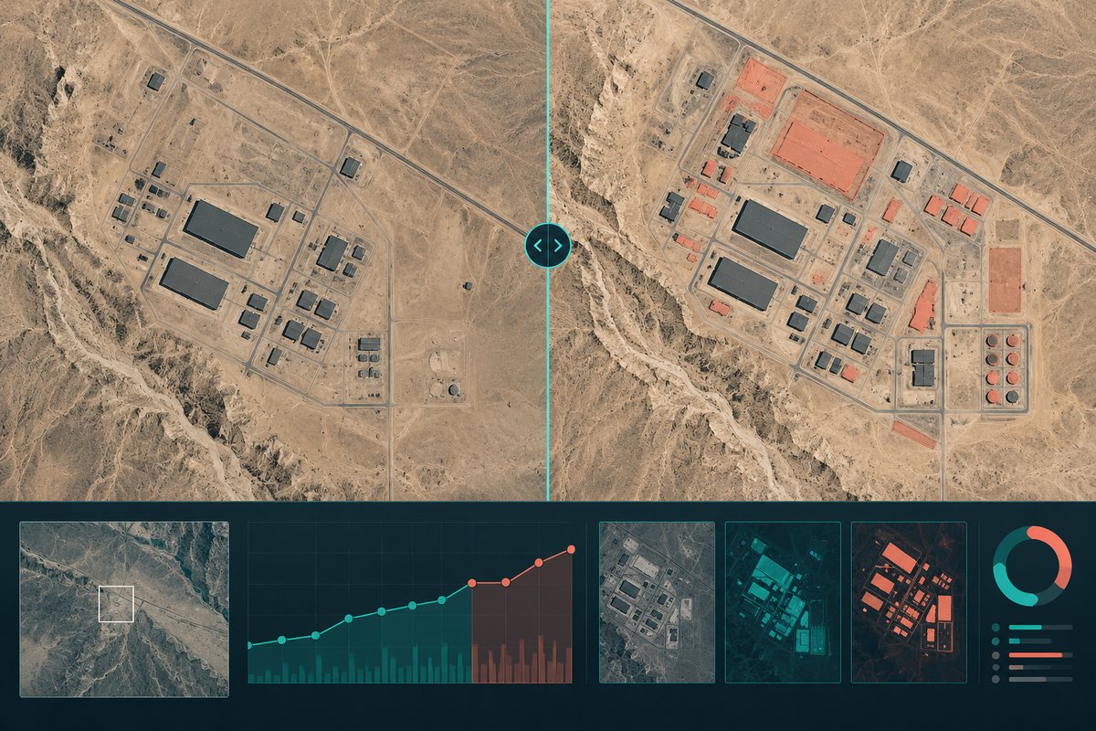 Original conceptual before-and-after earth-observation analysis of a desert industrial site