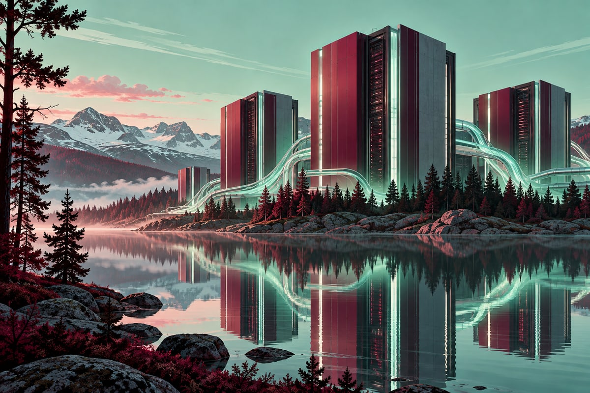 Fictional server towers reflected in a Nordic lake with flowing cooling ribbons