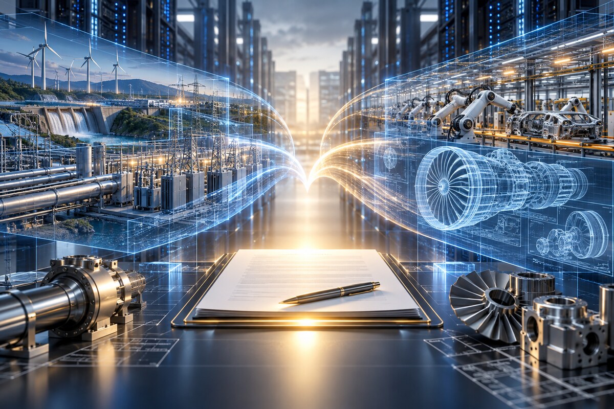 AI-generated illustration of an industrial plant and data-centre software systems converging; it is not a photograph of Schneider Electric, PTC or a transaction meeting.