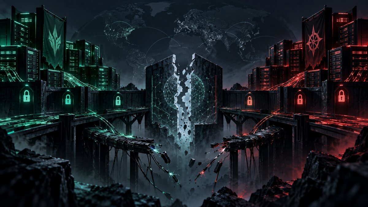 AI-generated illustration. Two abstract hostile server networks face a fractured encrypted gateway; not a real dark-web site, intrusion or criminal infrastructure.