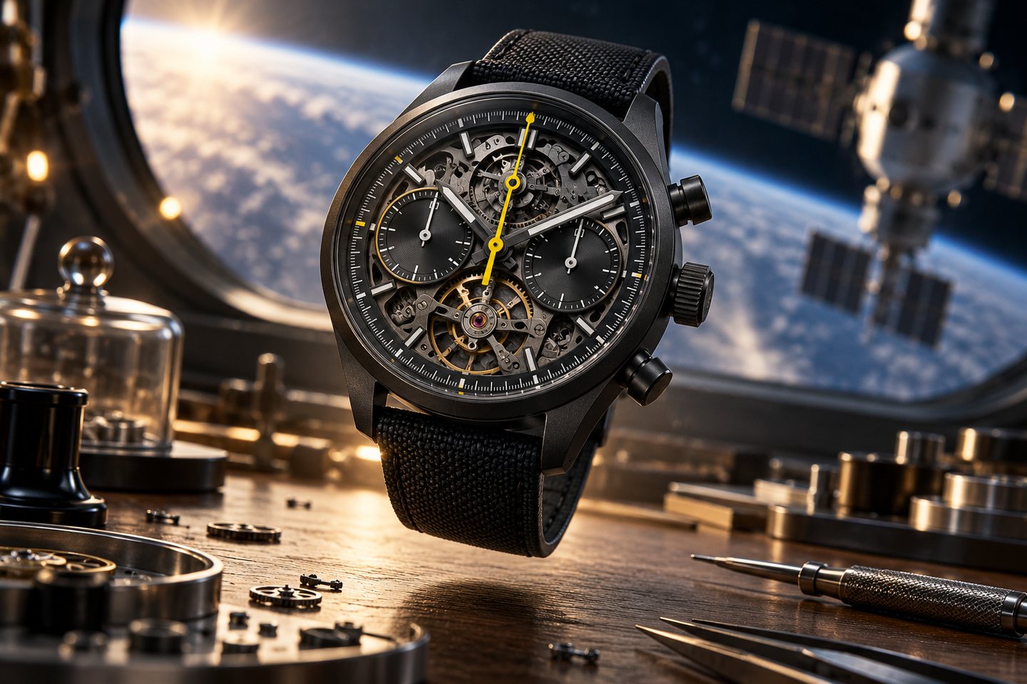 Original conceptual illustration of a black mechanical chronograph with a yellow timing hand in a space-inspired workshop