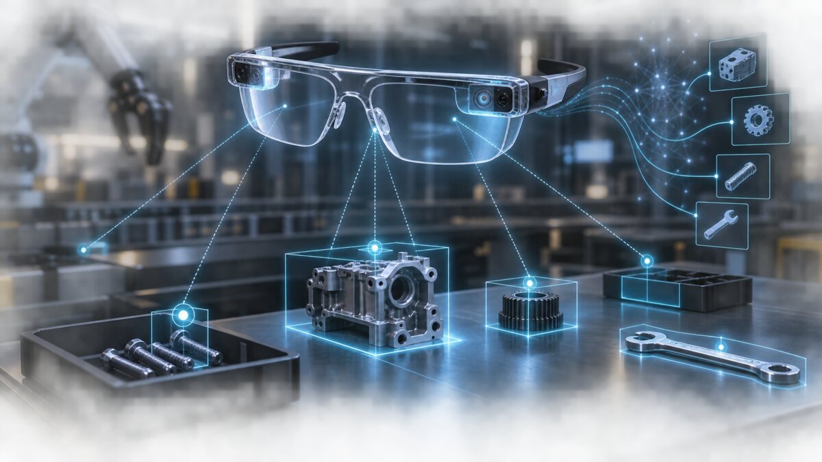 AI-generated illustration. Conceptual unbranded augmented-reality glasses above an automated workbench; not Snap Specs or a photograph of a workplace deployment.
