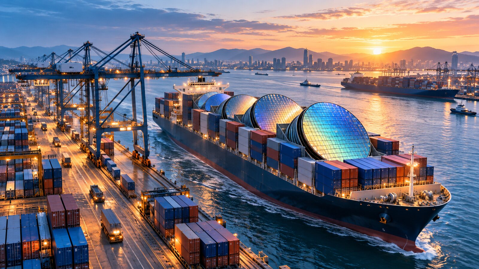 AI-generated illustration of a fictional container port with semiconductor wafers as an export motif; it is not a photograph of South Korean customs data or a specific shipment.