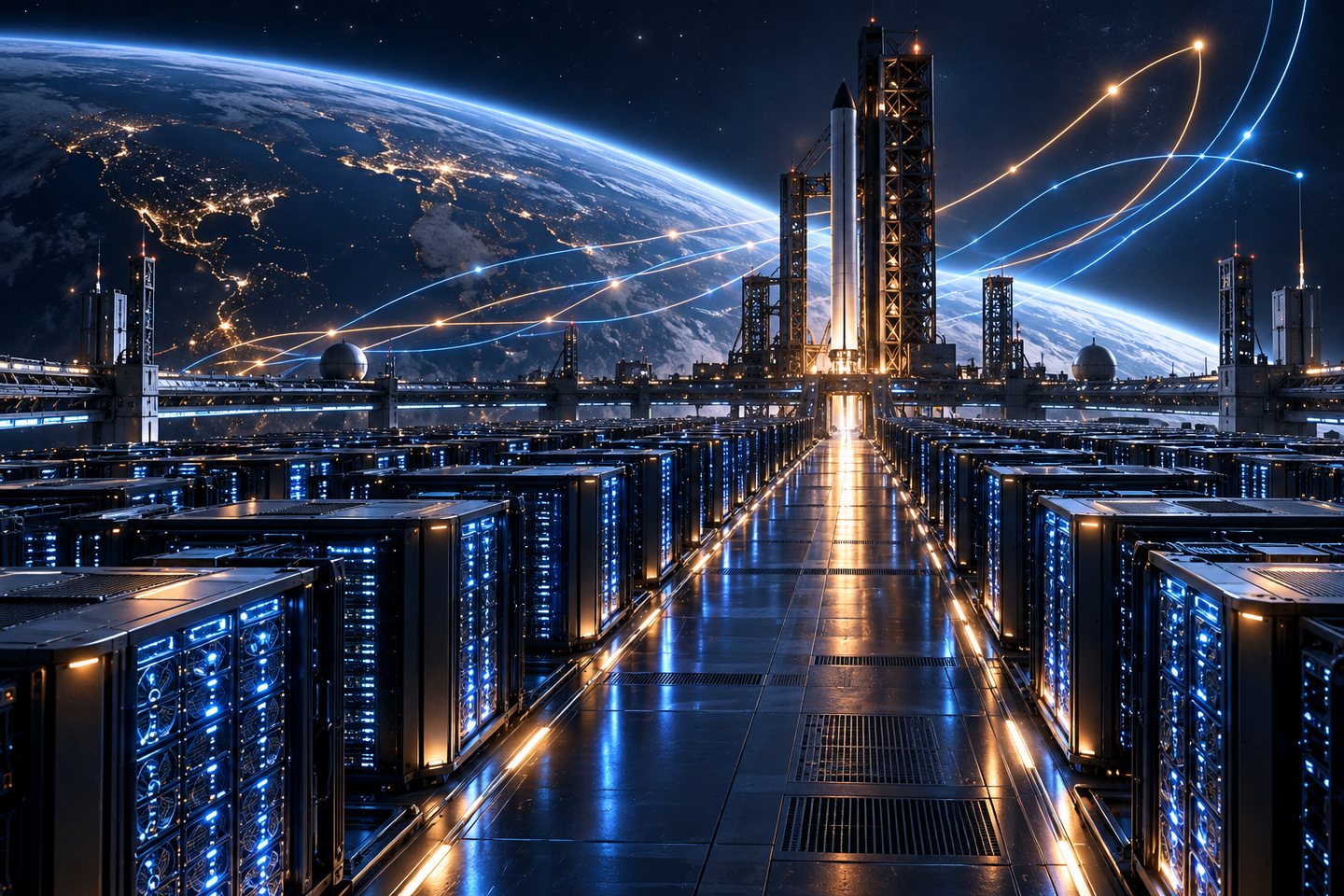 Original conceptual illustration of GPU data-centre rows leading toward a launch tower under orbital light trails