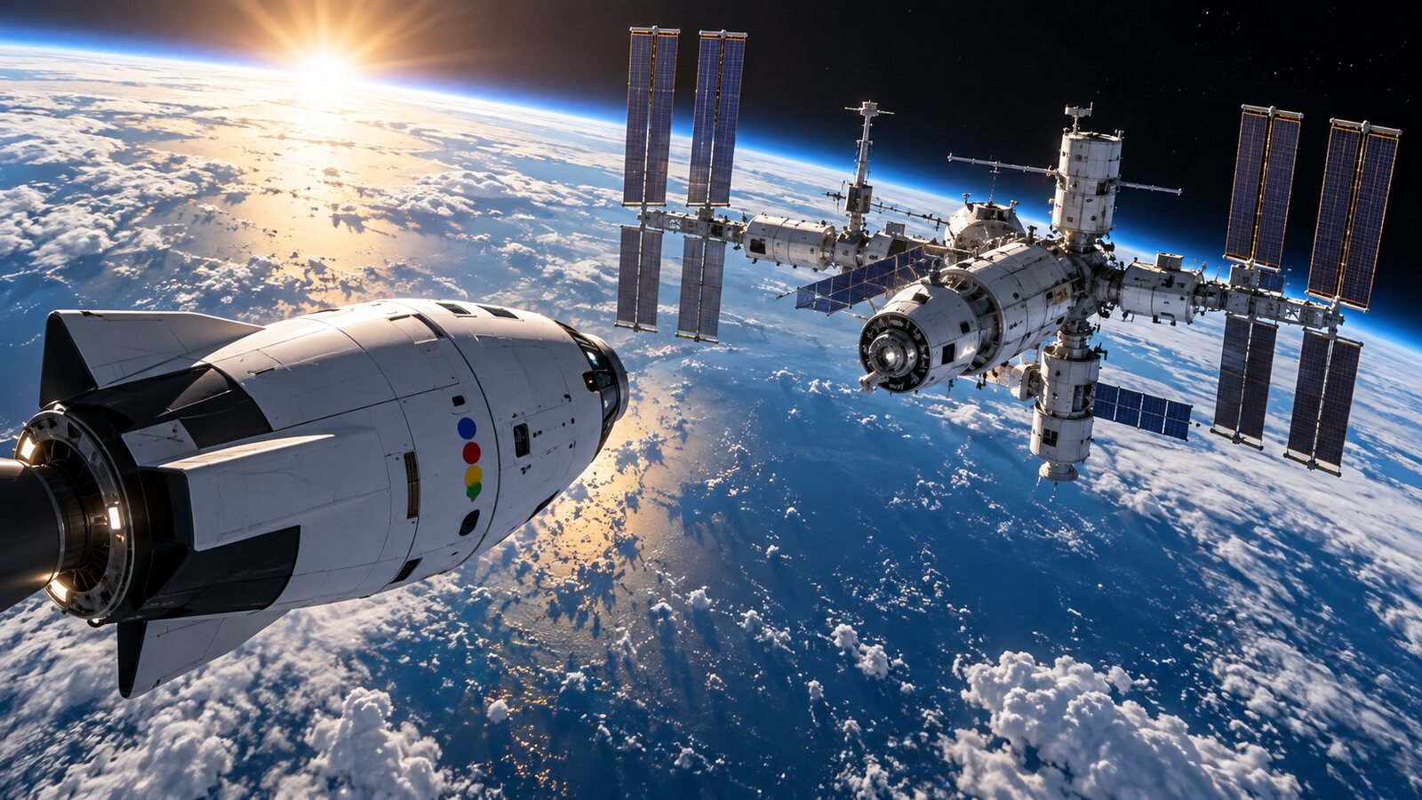 AI-generated illustration of a fictional crew capsule approaching a generic orbital station above Earth; it is not an official rendering or photograph of Crew-13.