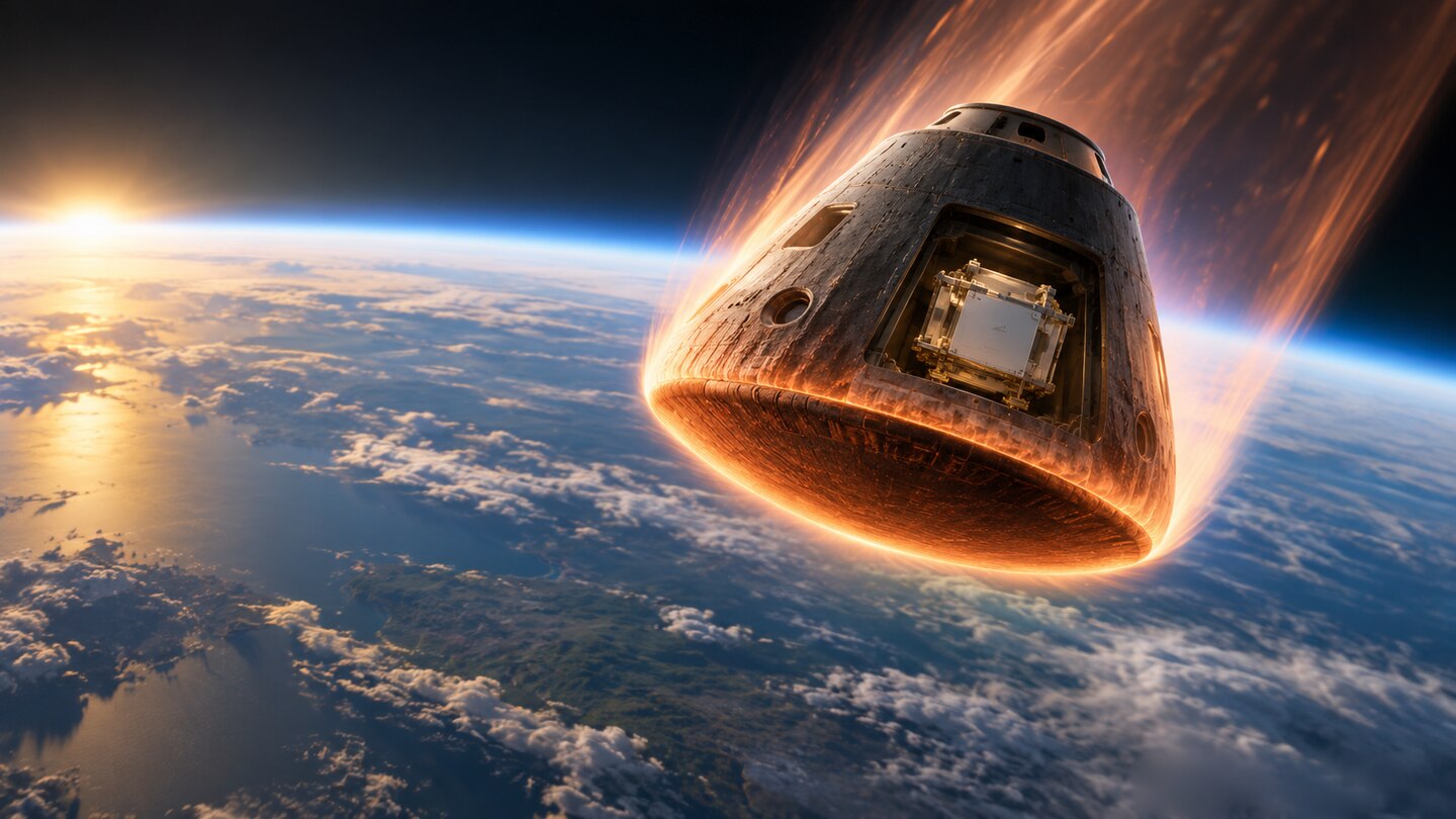 AI-generated illustration. Conceptual reentry capsule and protected payload; not SpaceX Starfall, Space Cargo BentoBox or the planned mission.