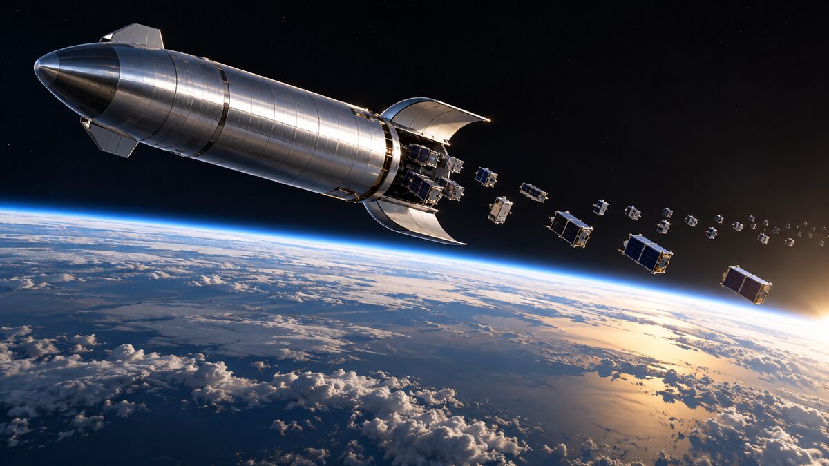 AI-generated illustration of a generic stainless-steel heavy launch vehicle deploying small satellites in orbit; it is not a photograph or an exact rendering of Starship.