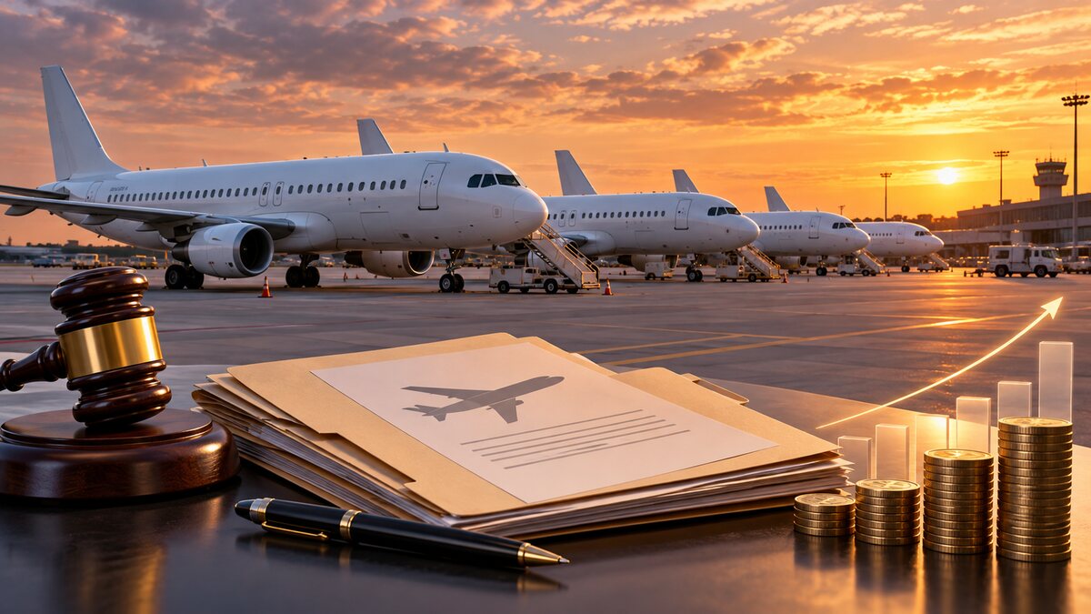 AI-generated illustration of unbranded narrow-body jets with abstract sale documents; it is not Spirit Airlines’ fleet or a bankruptcy hearing.