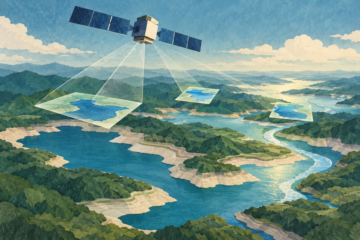 Illustrated satellite above layered reservoirs and a winding river