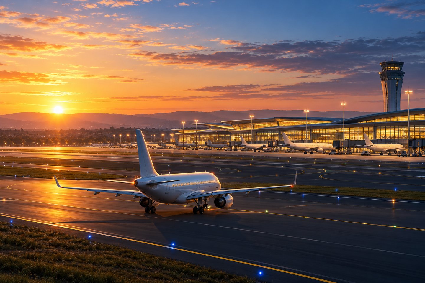 Original conceptual illustration of a modern airport at sunrise with an unbranded passenger jet taxiing